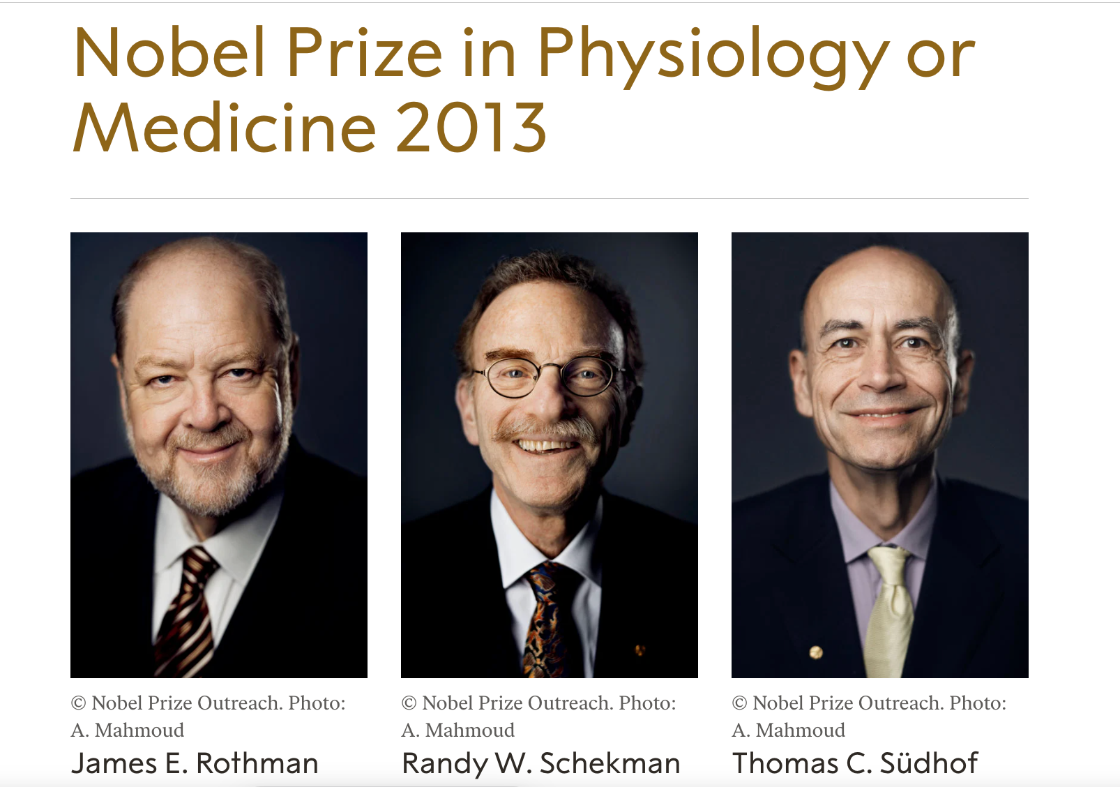 2013年诺贝尔生理学或医学奖三位获奖者James E. Rothman、Randy W. Schekman和Thomas C. Südhof